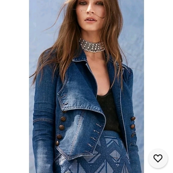 Free People Military Band Denim Jacket in Vintage Blue Moto Jacket Size XS - Picture 1 of 15